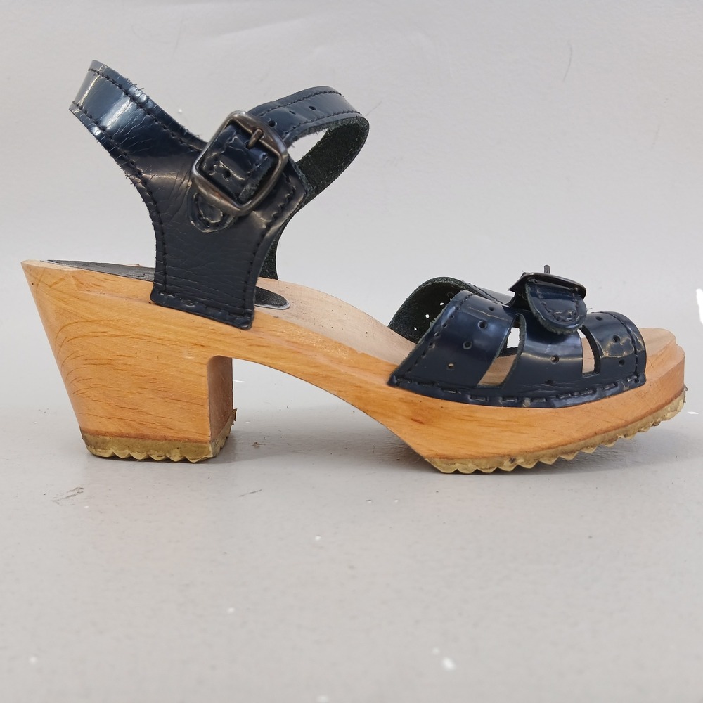 Sven Original Clog Sandals Women EU 36 US 5.5 Blue Patent Leather Wood Platform - Picture 6 of 12